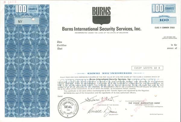 Burns International Security Services, Inc - Stock Certificate